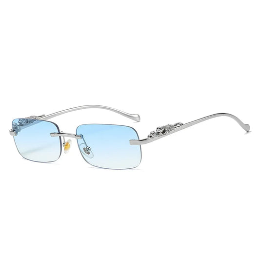 Lunette de soleil rectangulaire luxe Monture Argenté Verre Bleu